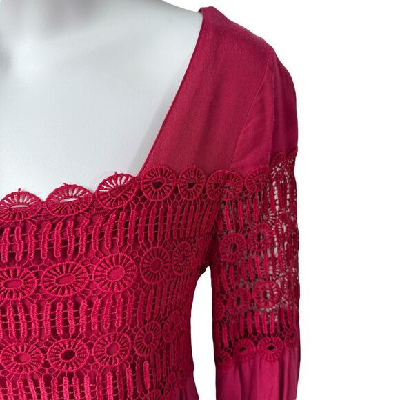 Anthropologie Whimsigoth Raspberry Red Crochet Lace Dress Sz 2 Lined Long Sleeve - Picture 12 of 16